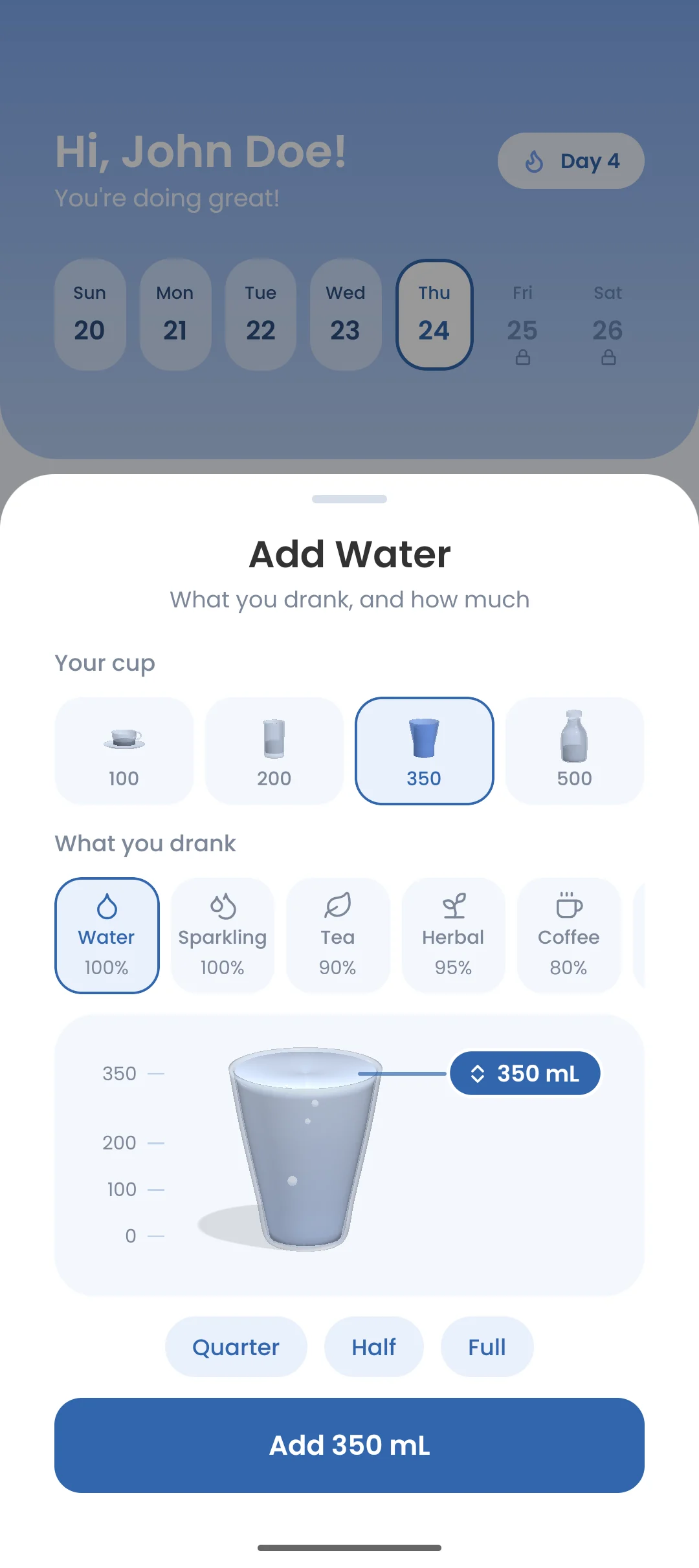 The Add Water sheet with cup sizes, drink types and a glass filling to 350 mL