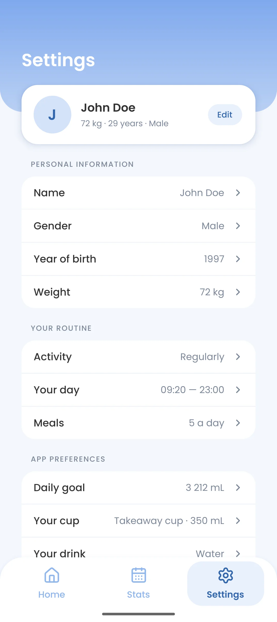 Settings with personal information, routine and app preferences