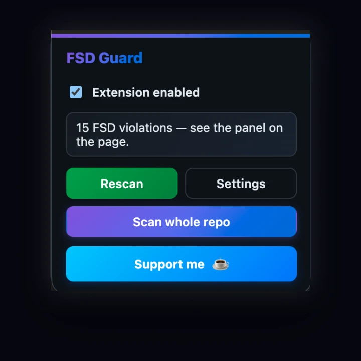 The FSD Guard popup: extension toggle, violation count, Rescan, Settings and Scan whole repo buttons