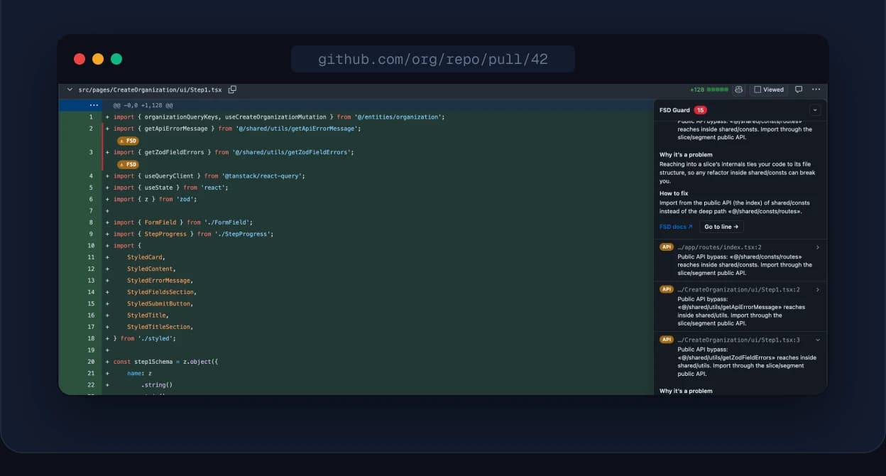 Warning banners injected beneath offending lines in a GitHub diff