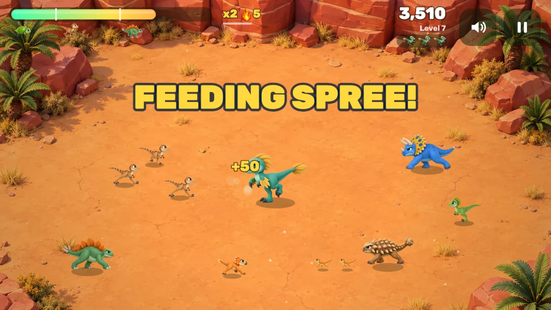 The raptor chasing small dinosaurs through the red canyon under a FEEDING SPREE! banner, a triceratops and an ankylosaurus around