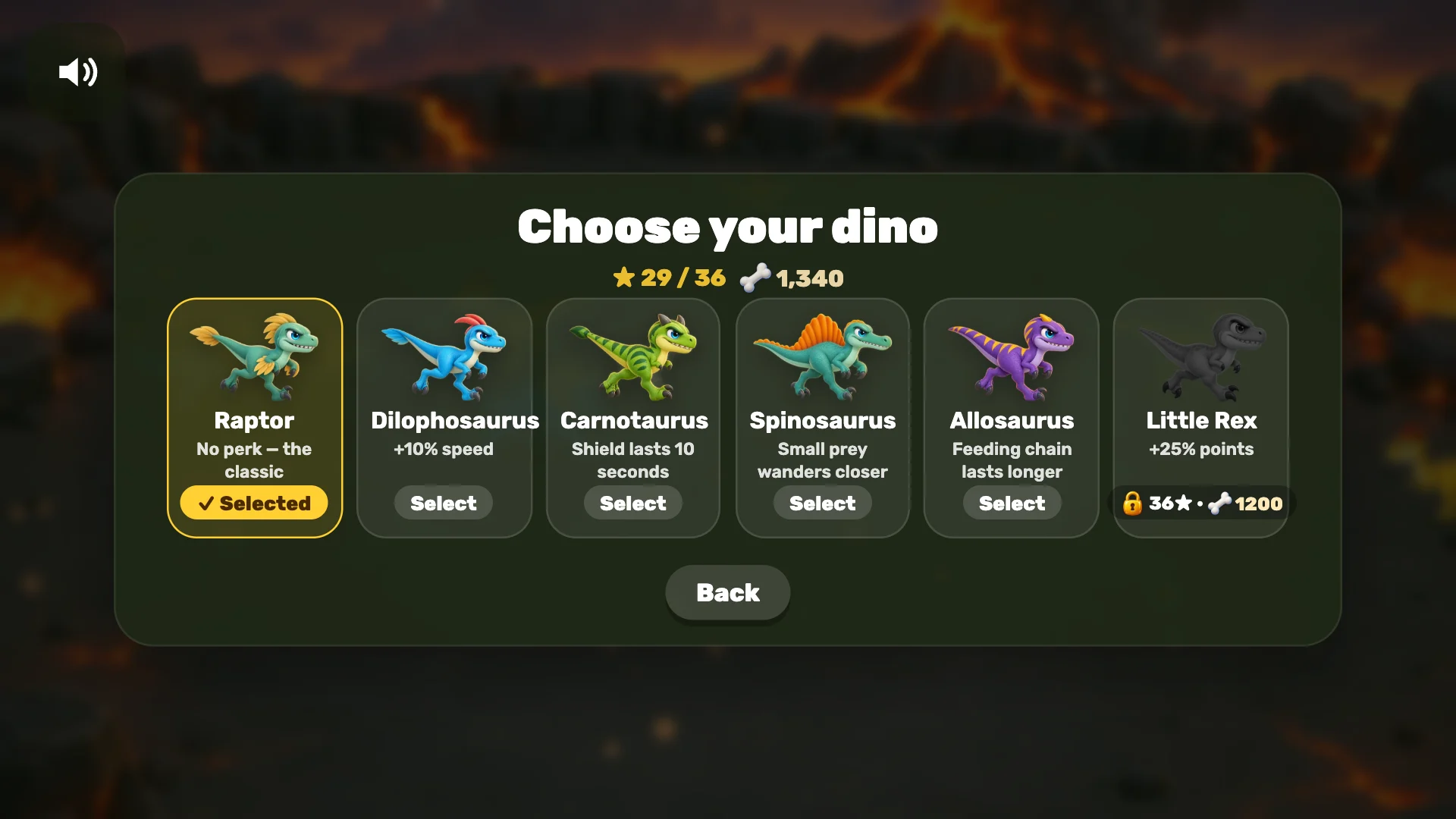 The dino picker: six dinosaurs with their perks, the raptor selected and Little Rex locked