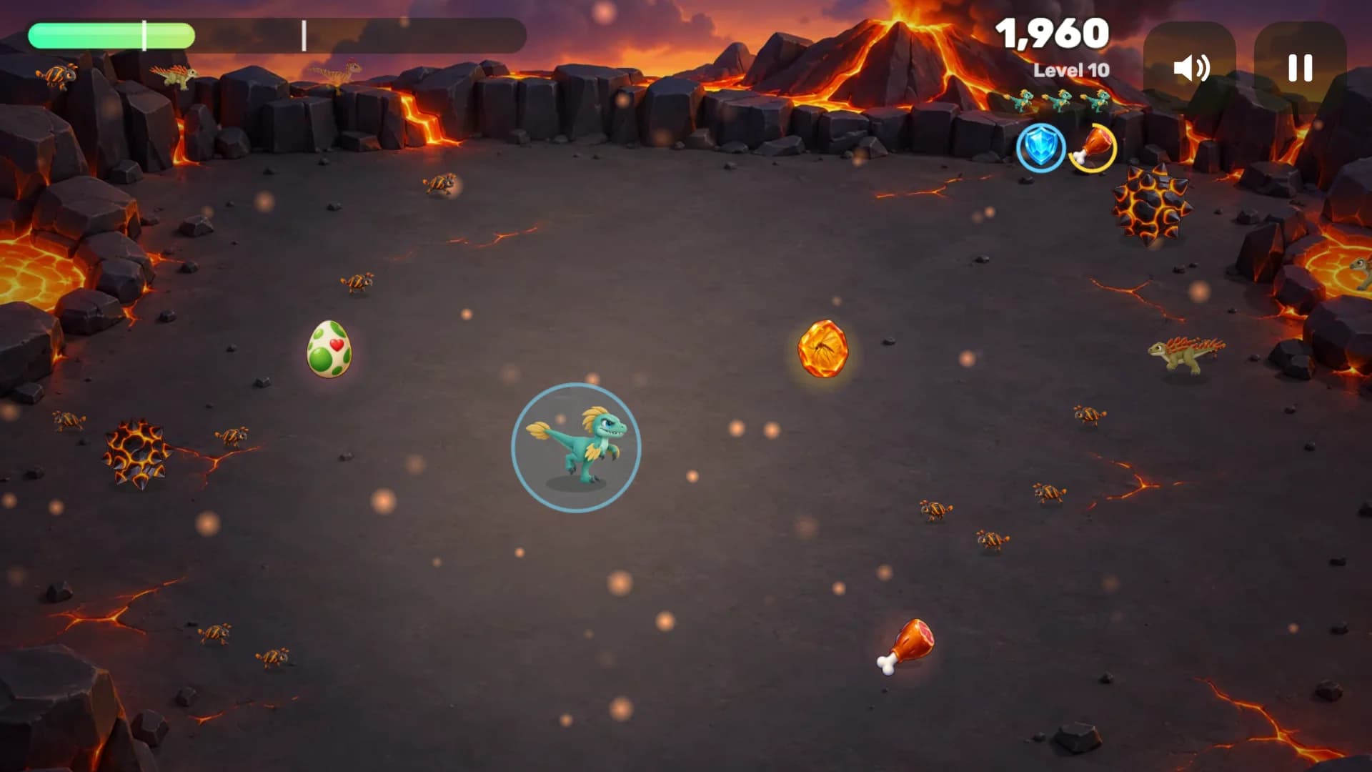 The shielded raptor on the dark volcano floor between an egg, amber, a meat drumstick and rolling thorn balls