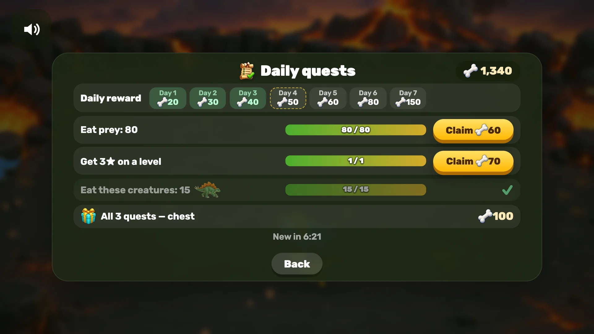 The daily quests screen: a seven-day reward row, three quests with progress bars and a chest