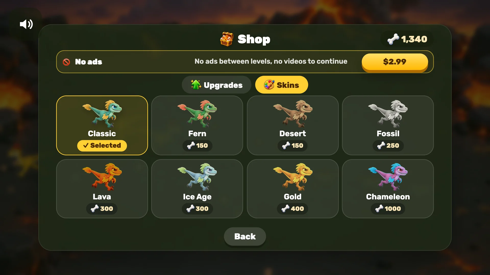 The shop on the Skins tab: Classic, Fern, Desert, Fossil, Lava, Ice Age, Gold and Chameleon with bone prices