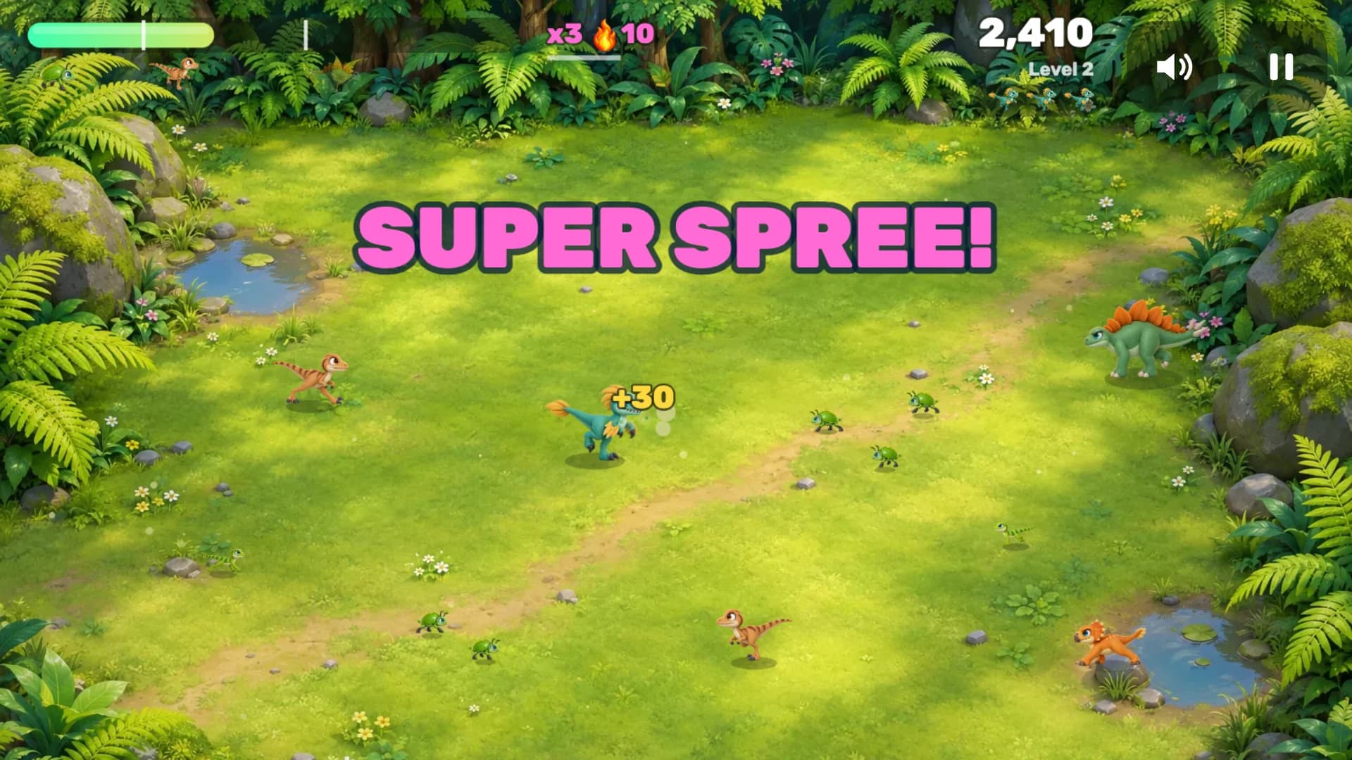 The raptor eating in a fern jungle clearing under a SUPER SPREE! banner, with a stegosaurus nearby