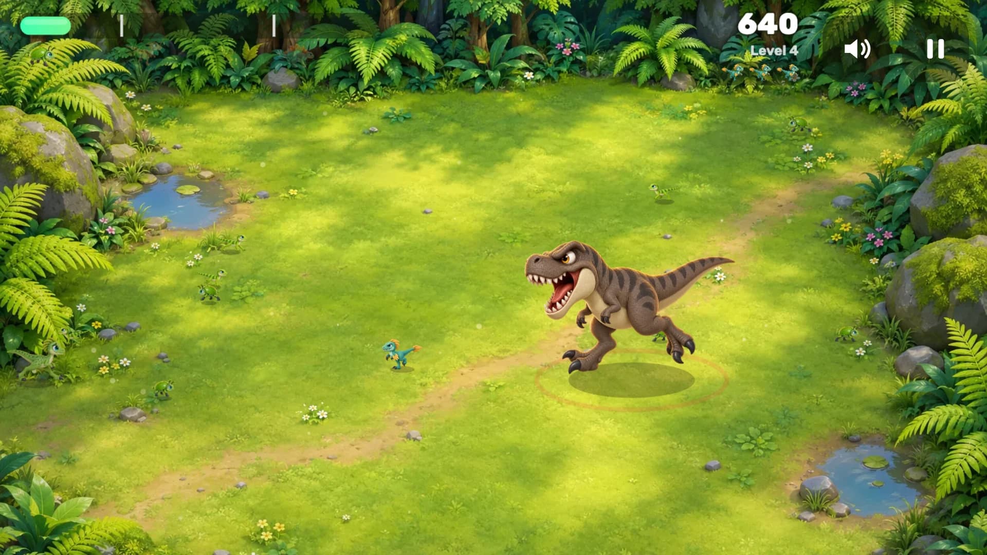 A large T-rex roaring at the tiny raptor in the fern jungle