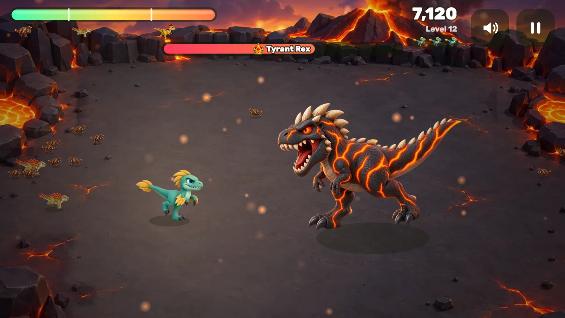 Boss fight on the Volcano: the raptor facing the lava-cracked Tyrant Rex, with the boss's health bar across the top