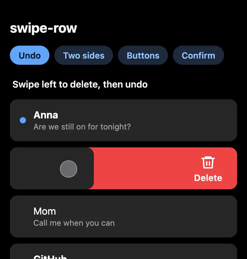 A row swiped past the line, the trash icon popped