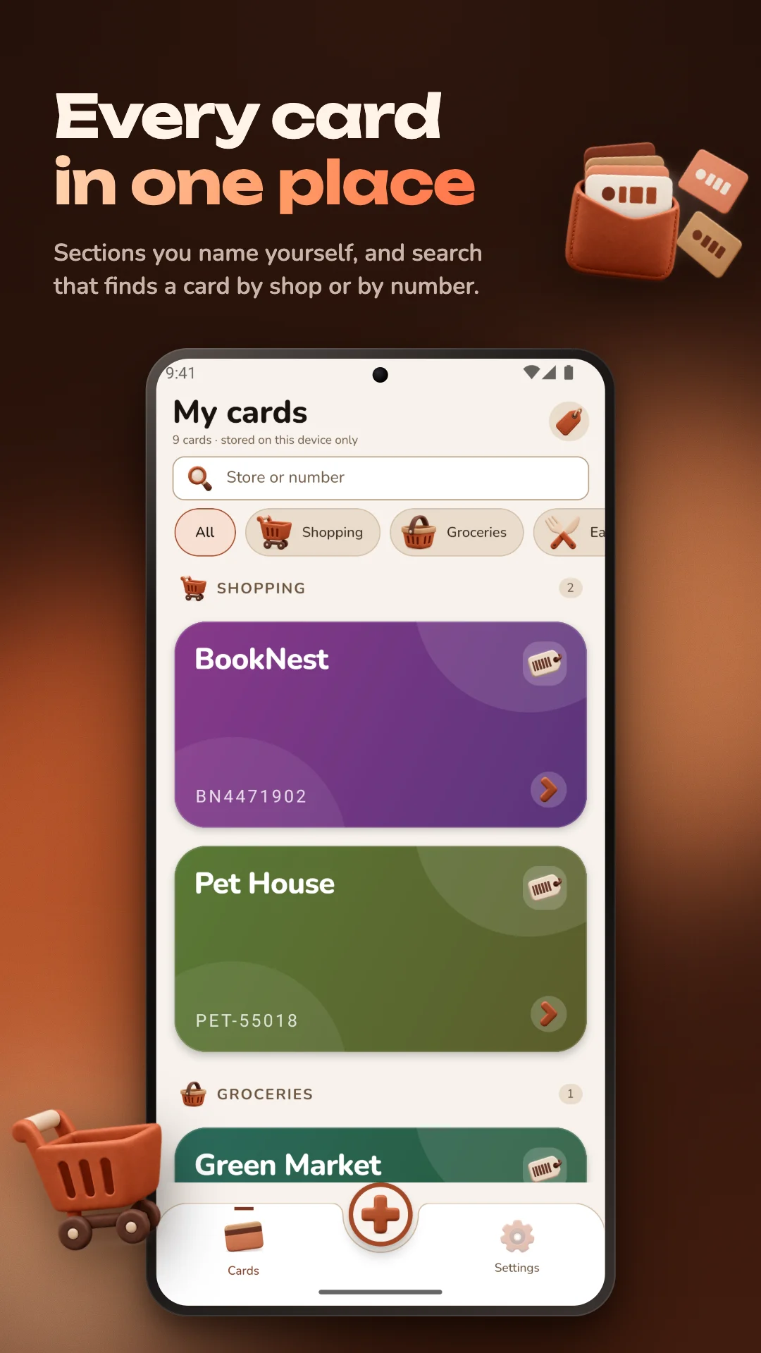 “Every card in one place”: the card list grouped into Shopping and Groceries, with a search field and category chips