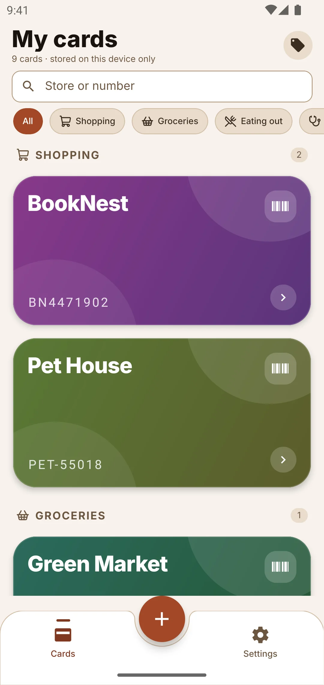The card list grouped into Shopping and Groceries, with a search field and category chips