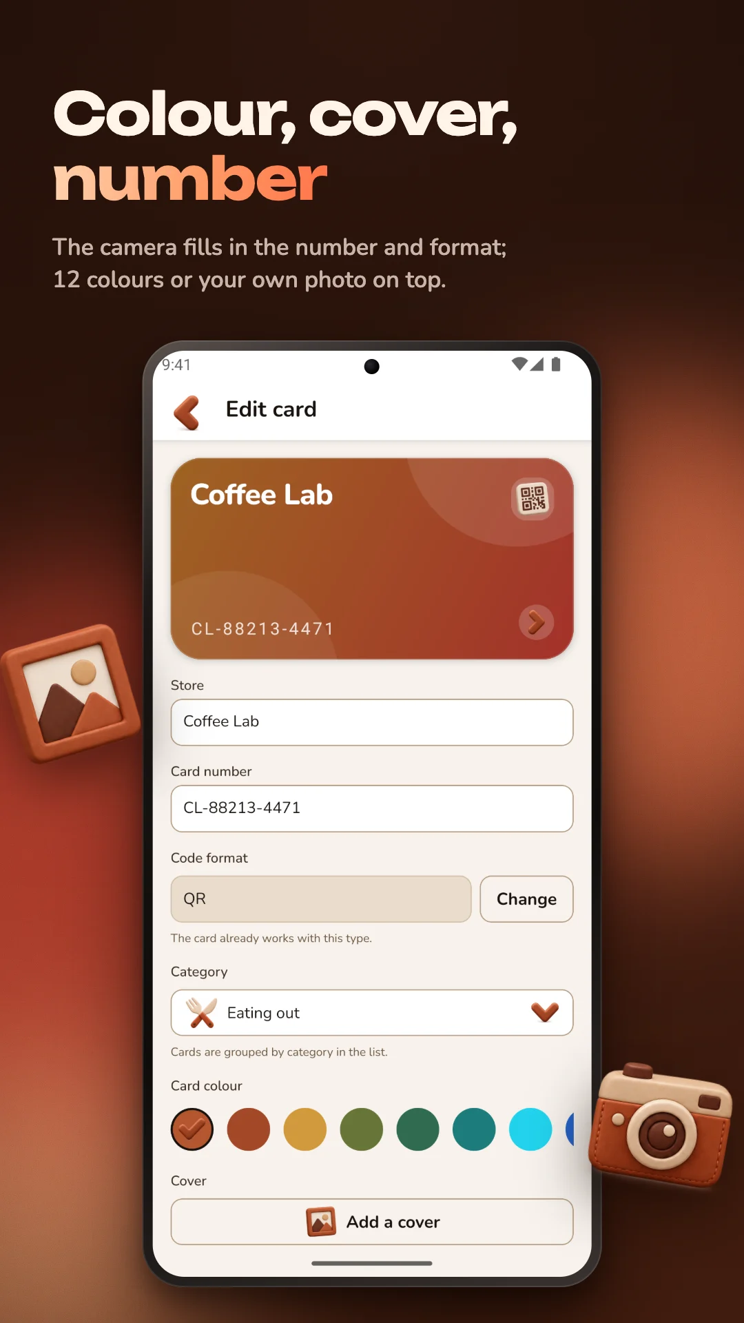 “Colour, cover, number”: the edit card form with store name, number, code format, category and colour swatches