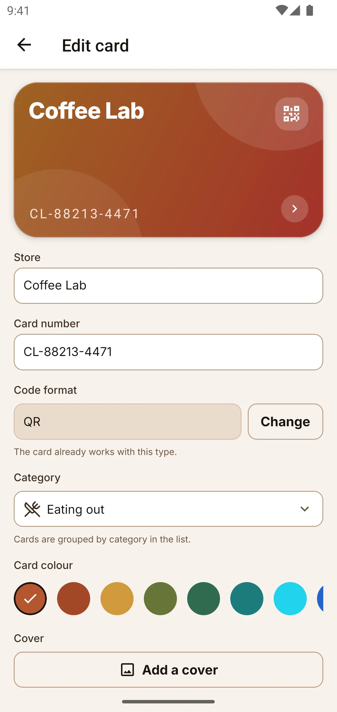 The edit card form with store name, number, code format, category and colour swatches