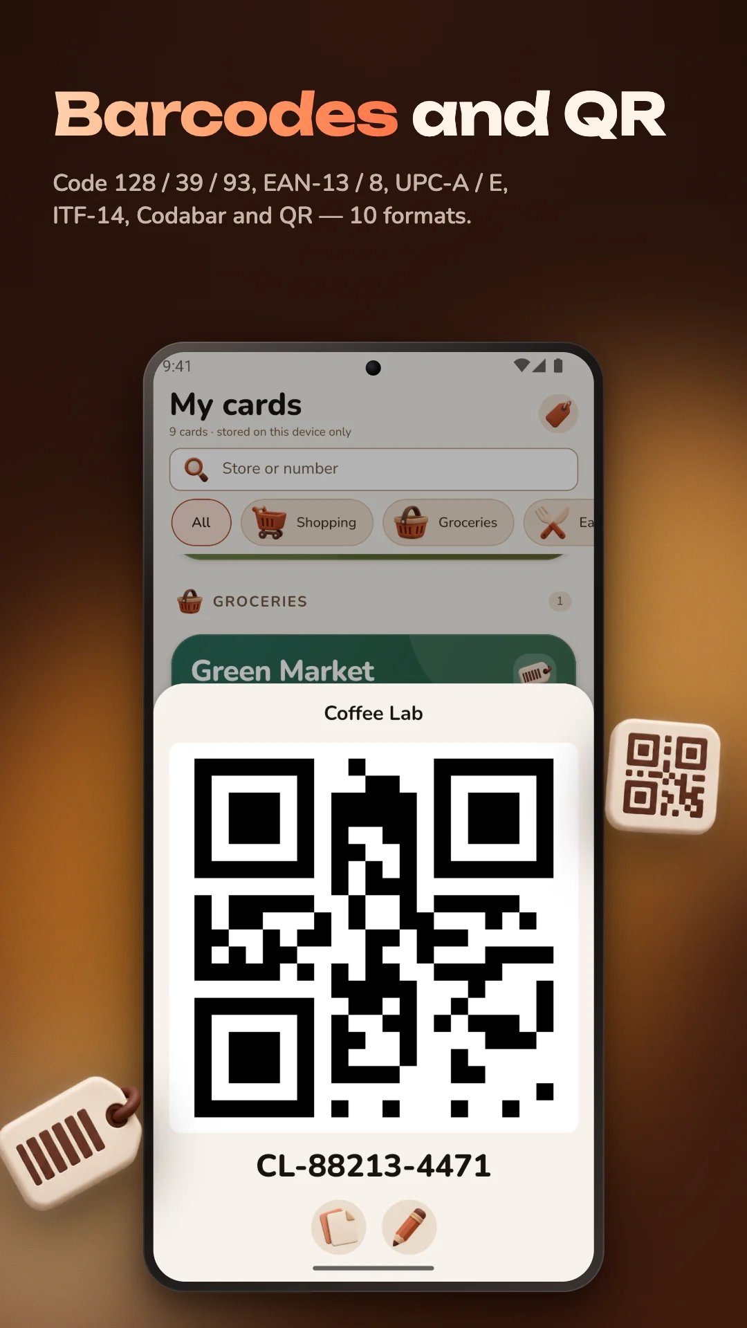 “Barcodes and QR”: a card sheet showing a large QR code — 10 formats in all