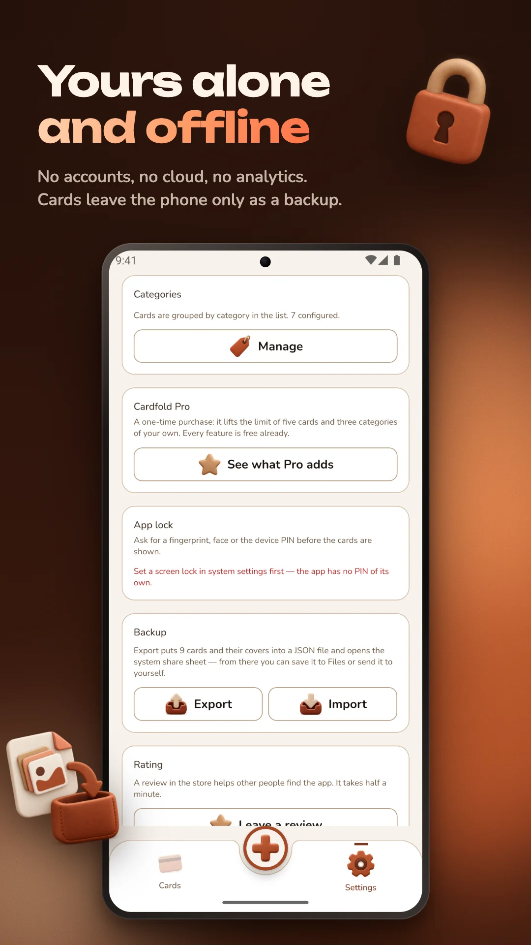 “Yours alone and offline”: settings with categories, Cardfold Pro, app lock and backup export and import