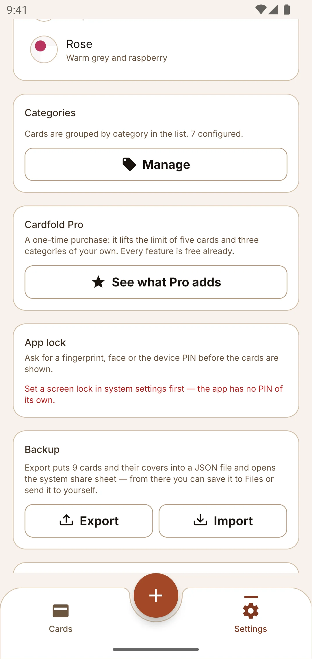 Settings with categories, Cardfold Pro, app lock and backup export and import