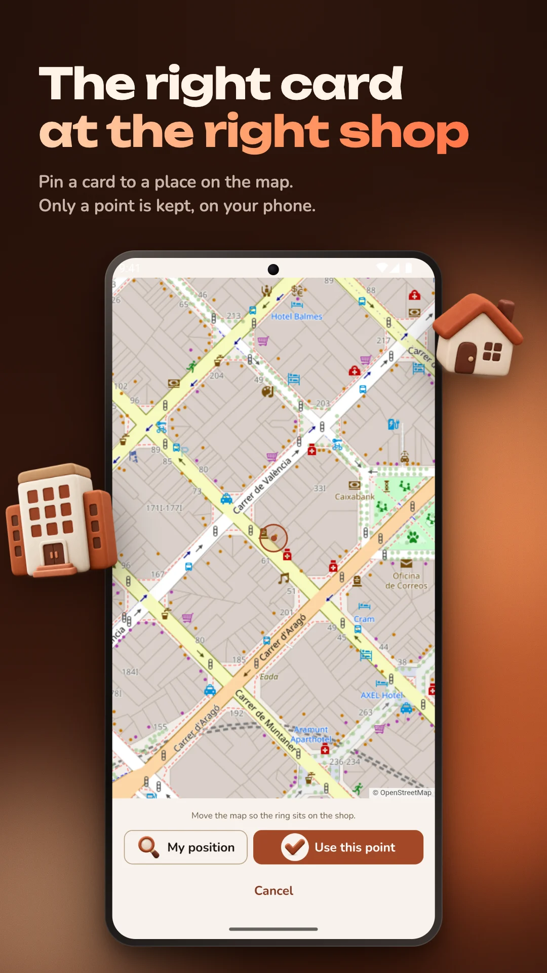 “The right card at the right shop”: a map picker with a ring over the chosen shop