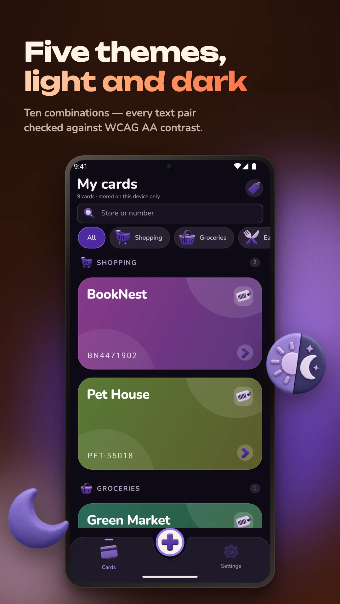 “Five themes, light and dark”: the card list in a dark amethyst theme