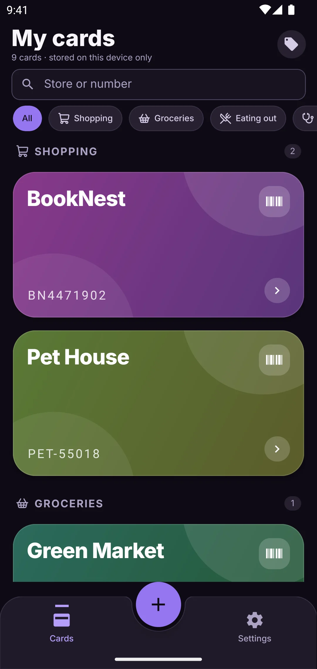 The card list in a dark amethyst theme