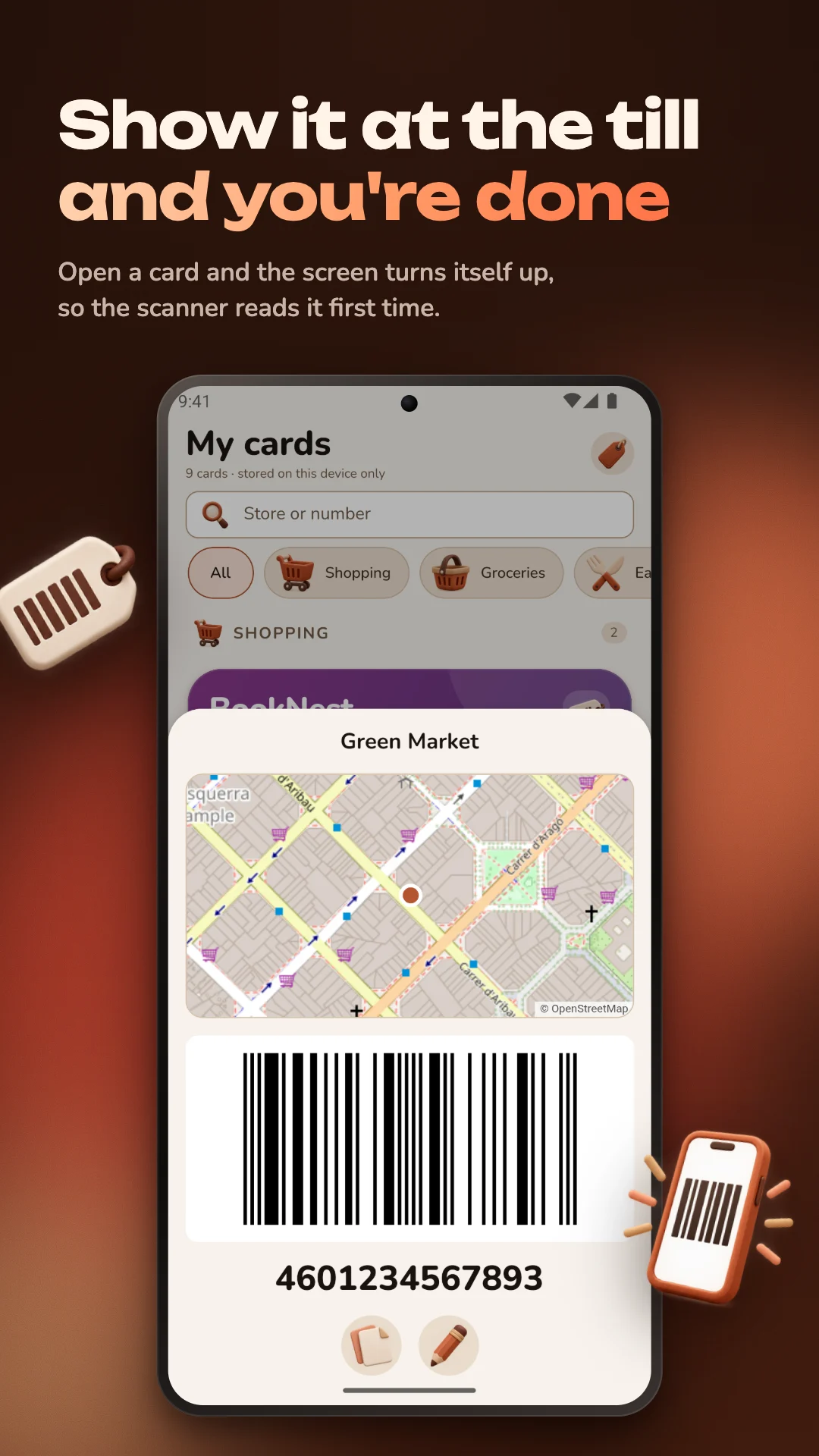 “Show it at the till and you're done”: a card sheet showing a large barcode under a map of the shop