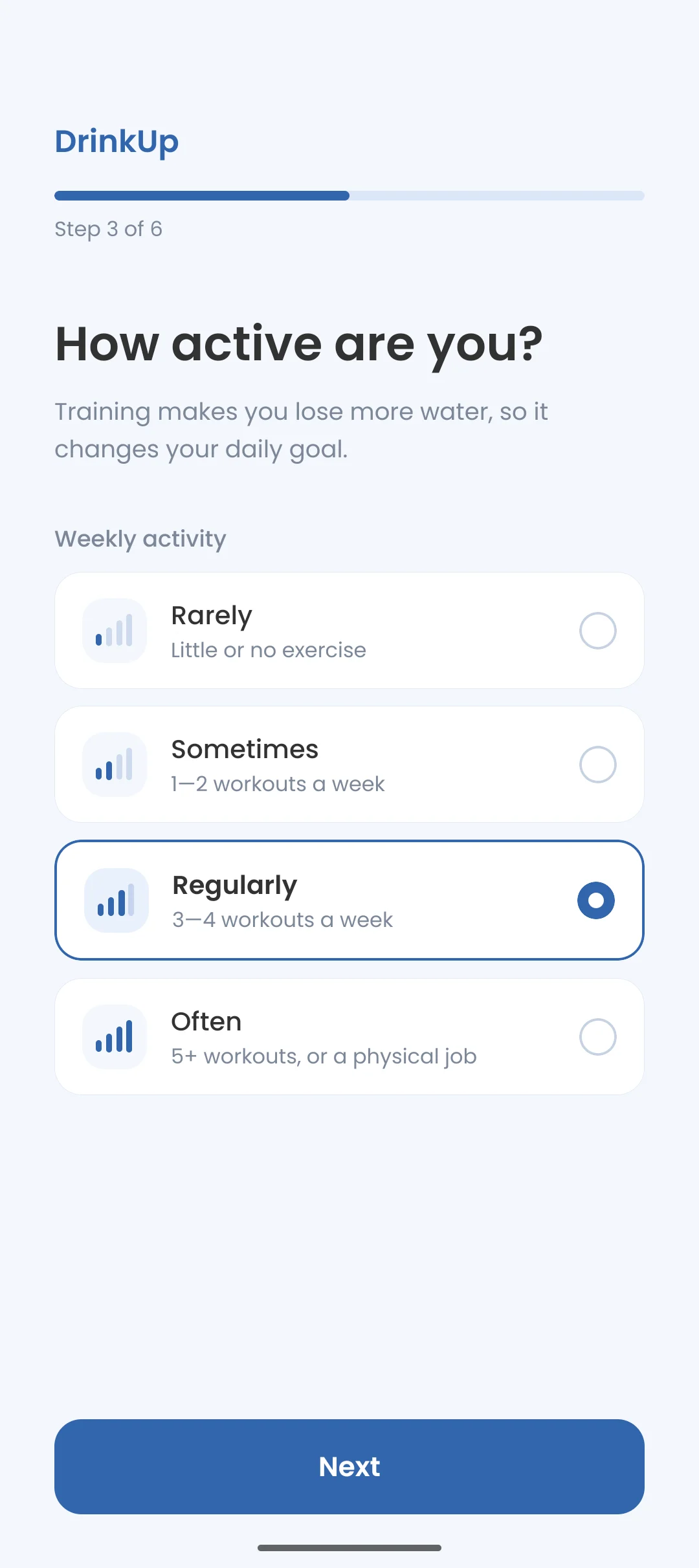 Onboarding step asking how active you are: rarely, sometimes, regularly or often