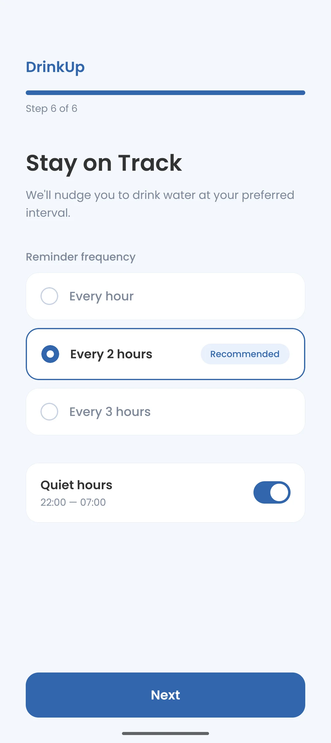 Reminder settings: every hour, every 2 hours (recommended) or every 3 hours, with quiet hours from 22:00 to 07:00